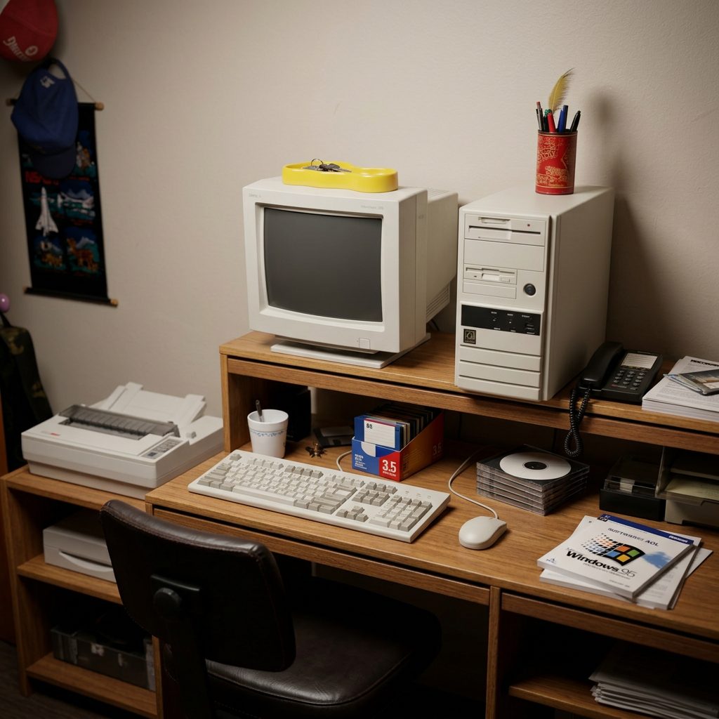 A 90s computer desk: beige CRT monitor and tower, keyboard, printer and a box of floppy disks