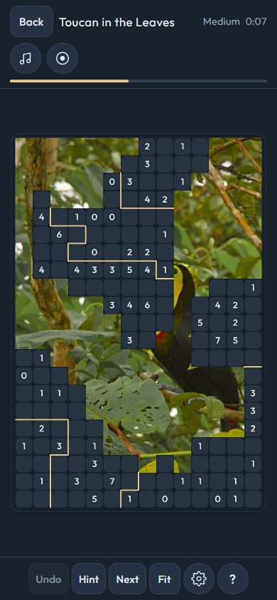 A puzzle part-way through on a phone, with a toucan showing through the solved sections